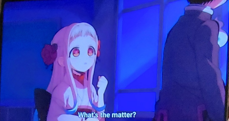 Anime screenshot of Nene wearing her white and red kimono with red flower kanzaki with the subtitle what's the matter? .